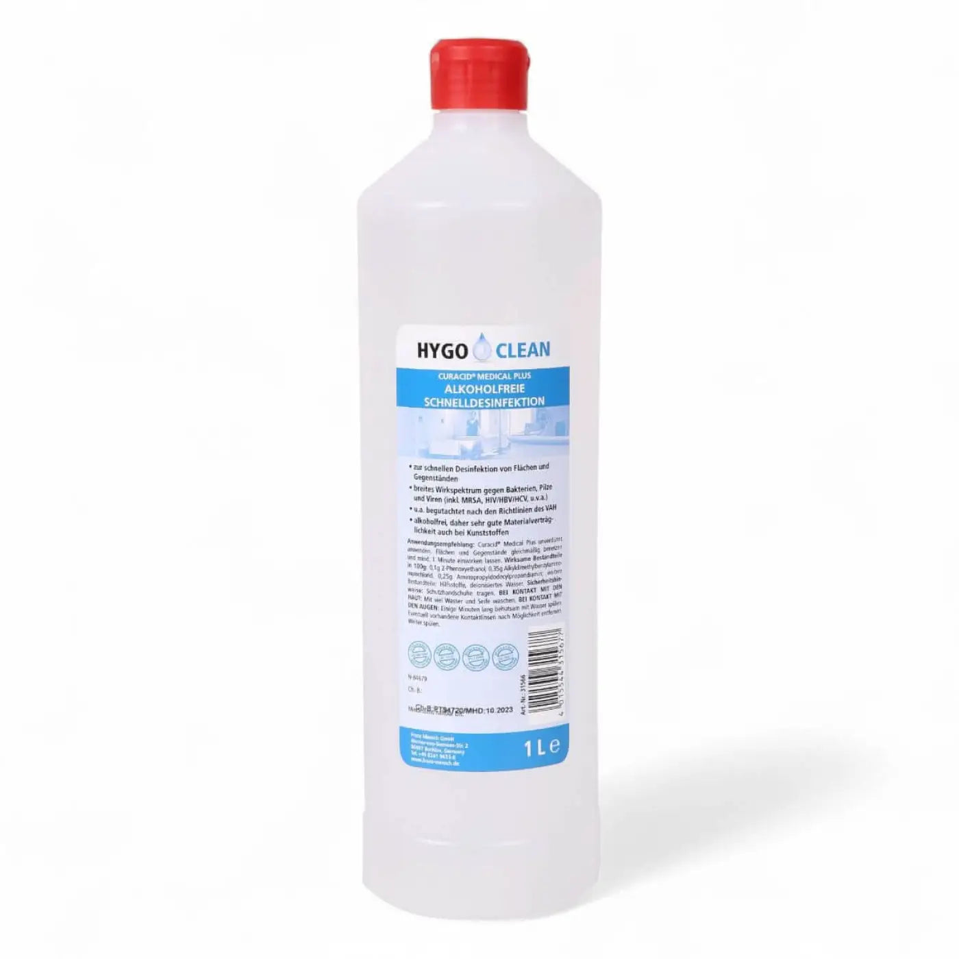 Eine klare plastikflasche mit rotem verschluss und blauer etikettierung enthält 1 liter hygoclean alkoholfreie schnelldesinfektion