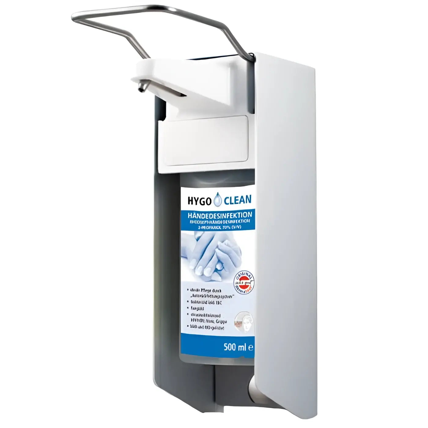 Weiß-grauer wandspender hygoclean eurospender mit edelstahlpumpe für 500 ml flasche zur handdesinfektion
