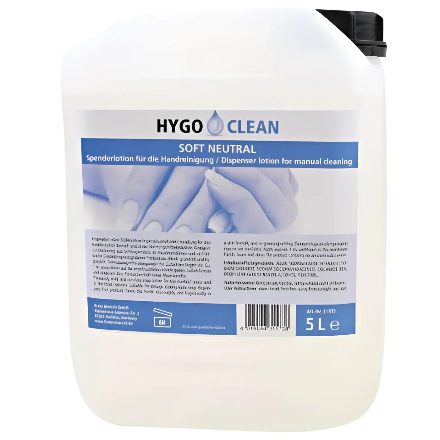 Weiß Kunststoff 5 liter Spenderflasche HygoClean soft neutral professionelle Waschlotion mit schwarzem Verschluss und blauem Etikett