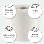 Weiße geprägte toilettenpapierrolle hygoclean 3-lagig kleinrolle 9,5 x 11 cm mit 72 rollen und 250 blatt