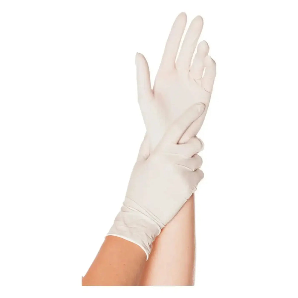 Ein paar weiße latexhandschuhe von hygonorm skin light aus 100 stück mit glatter textur und enger passform