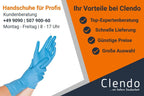 Hand mit blauen Hygonorm Latex Handschuhen Skin Light Weiß zeigt die Rückseite des Produkts aus 100 Stück
