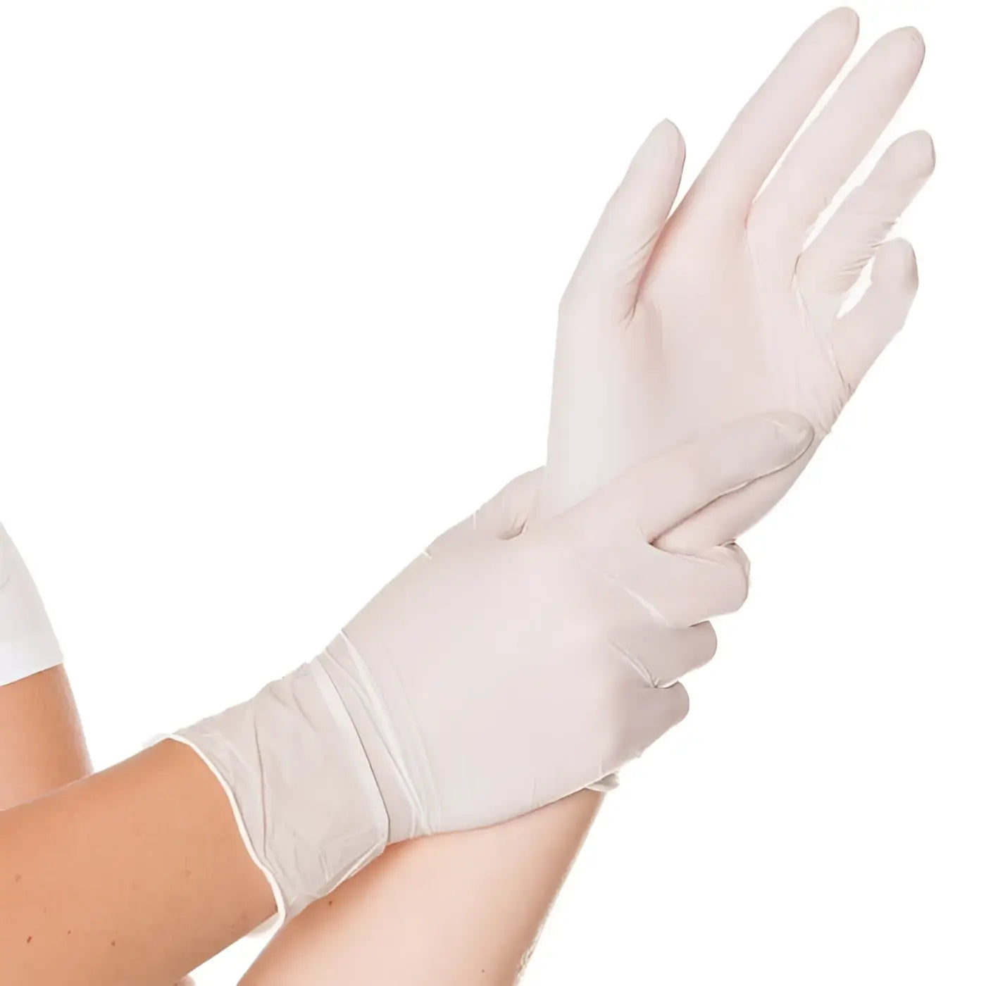 Ein paar weiße nitril-handschuhe von hygienorm allfood safe werden an den händen getragen