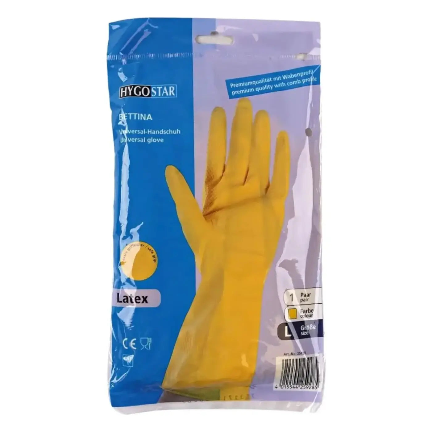 Hygostar haushaltshandschuhe bettina gelb 12 paar gelbe latexhandschuhe in blau-lila verpackung