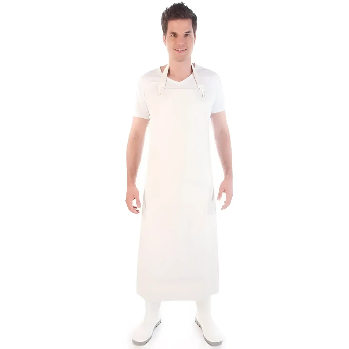 Weiße full-length latzschürze hygostar strong rubber gummi aus robustem gummi für starken schutz beim arbeiten