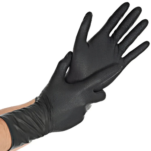Schwarze hygienische power grip nitrilhandschuhe mit strukturierter griffoberfläche für besseren halt