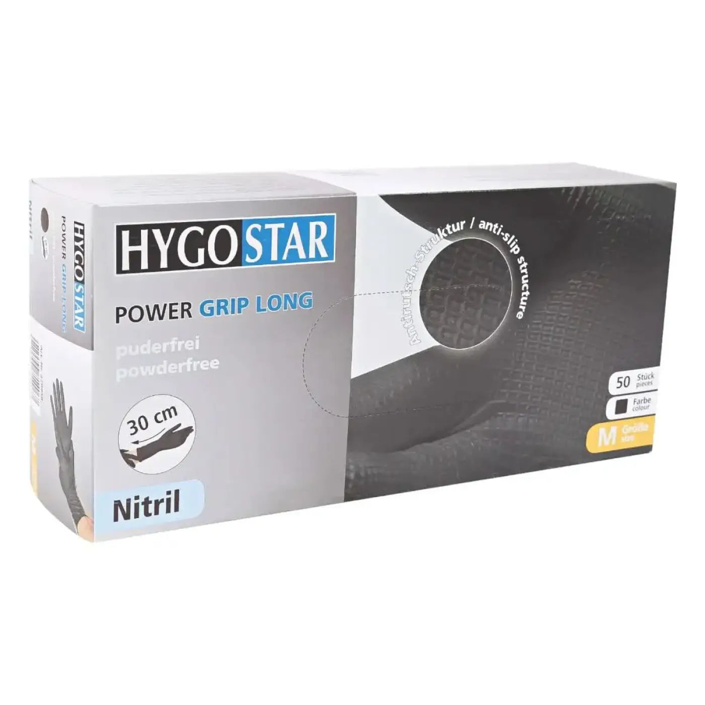 Hygostar power grip lange schwarze nitril-handschuhe 50 stück in hygo star markenverpackung