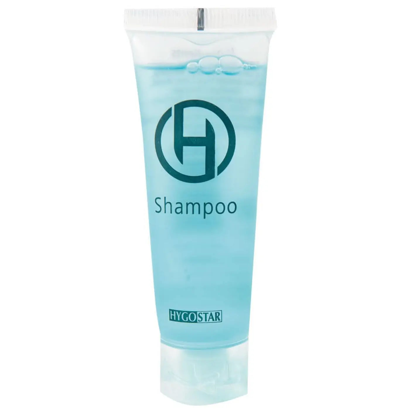 Ein lichtblauer transparenter hygostar shampoo tube mit weißem verschluss und schwarzem logo 30ml 50 stück