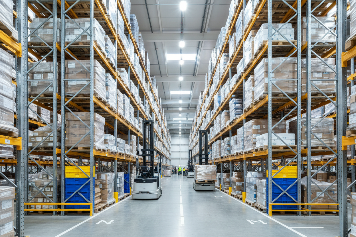 industriebereich lagerhalle mit hochregalen und paletten
