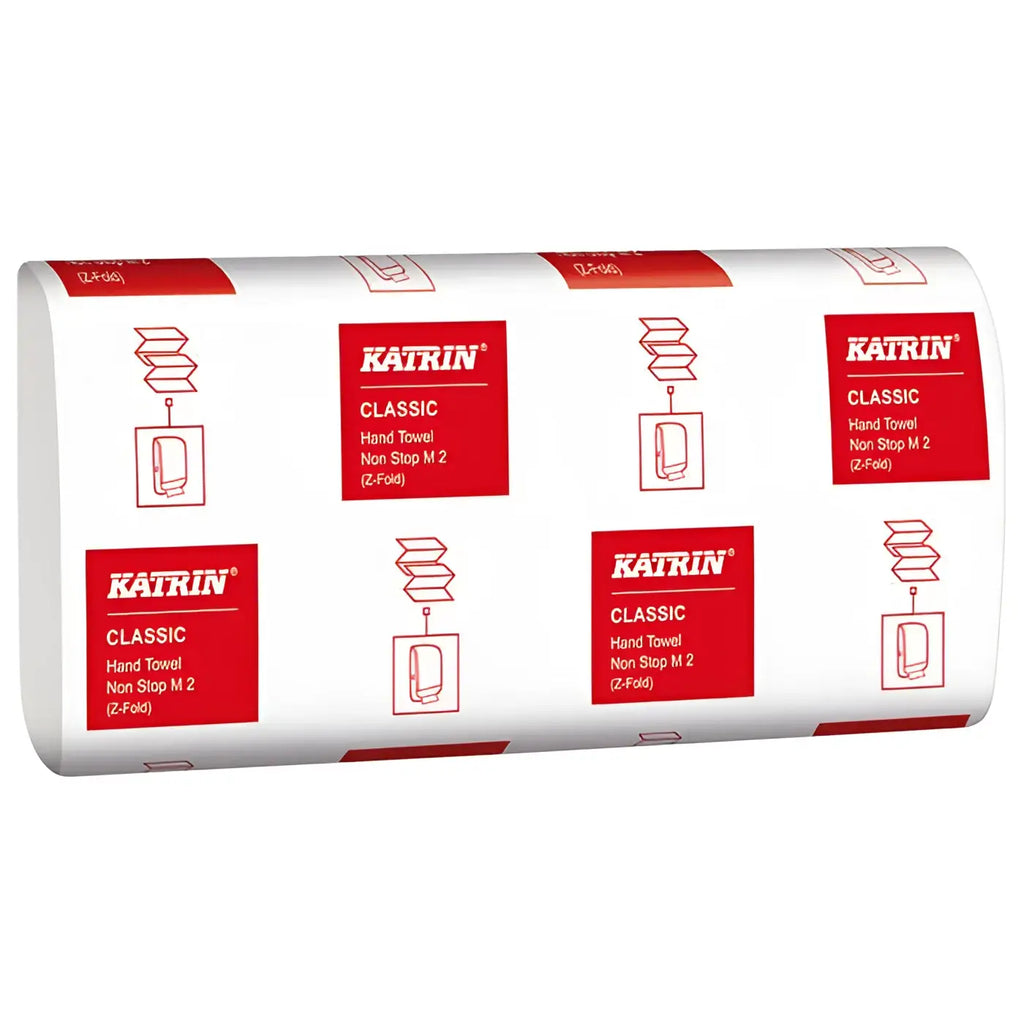 Weiße rolle katrin classic handtuchpapier mit rotem branding und z-falz design 4000 blatt nonstop m2