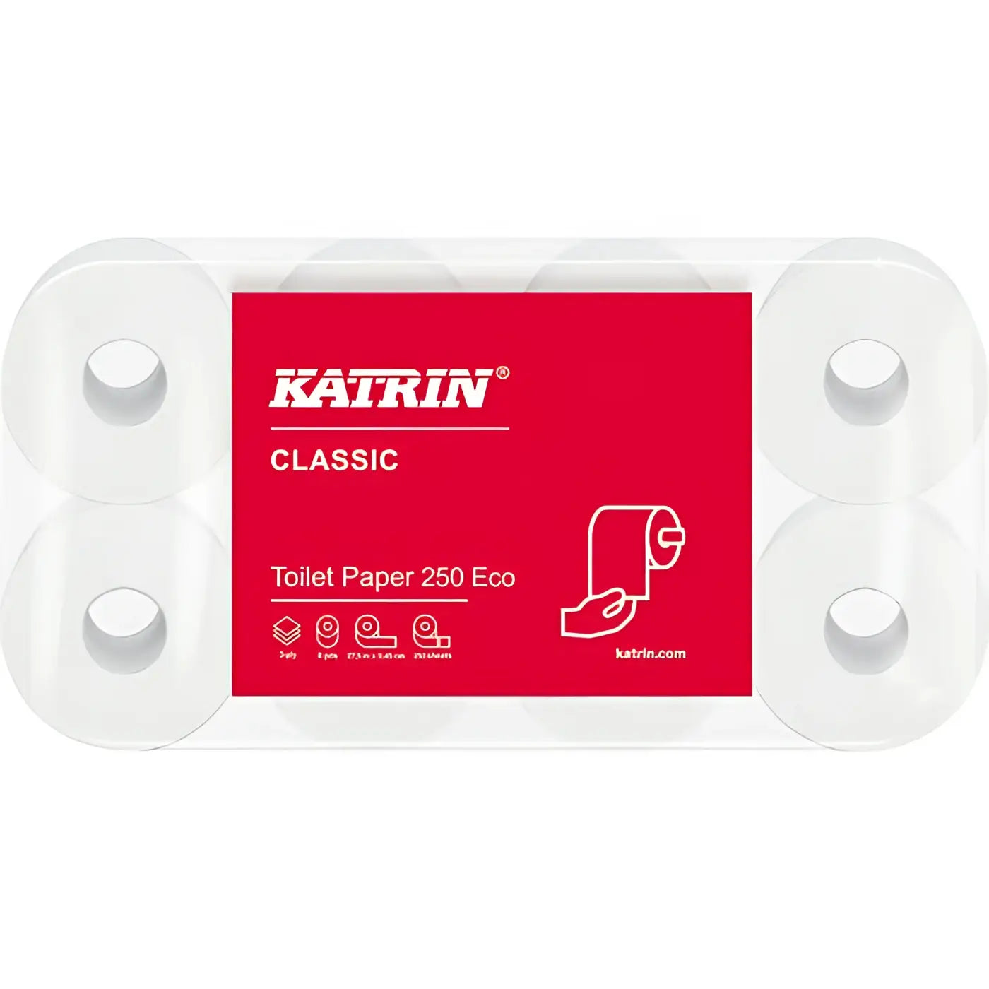 Katrin toilettenpapier 250 eco weiß 3-lagig mit 9x8 rollen im klaren plastikpaket mit rotem etikett