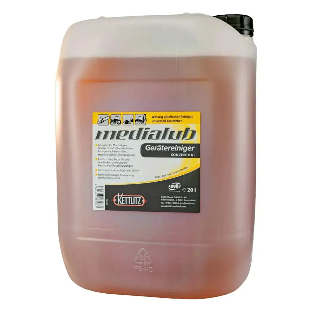Ein 20 liter transparenter kunststoffbehälter kettlitz medialub universalreiniger konzentrat mit schwarzem deckel und gelbem etikett