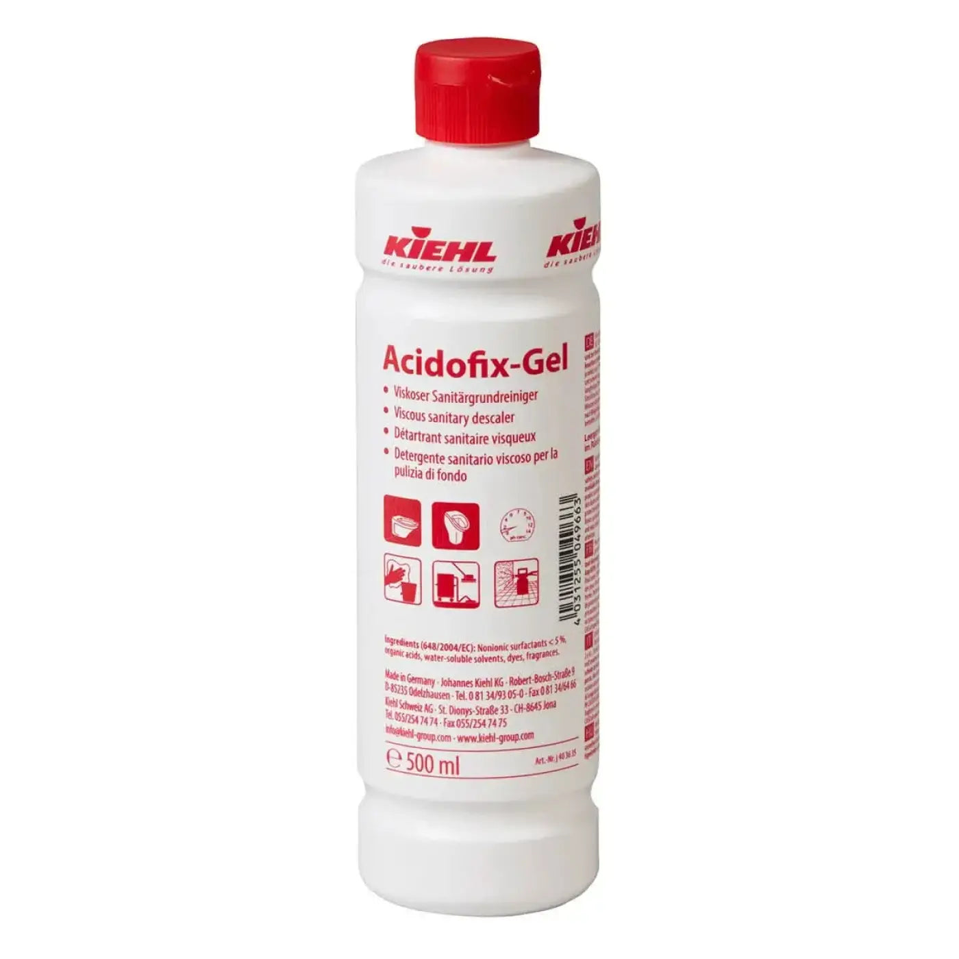 Weiße kunststoffflasche mit rotem deckel und etikett, kiehl acidofix-gel sanitärgrundreiniger 500ml