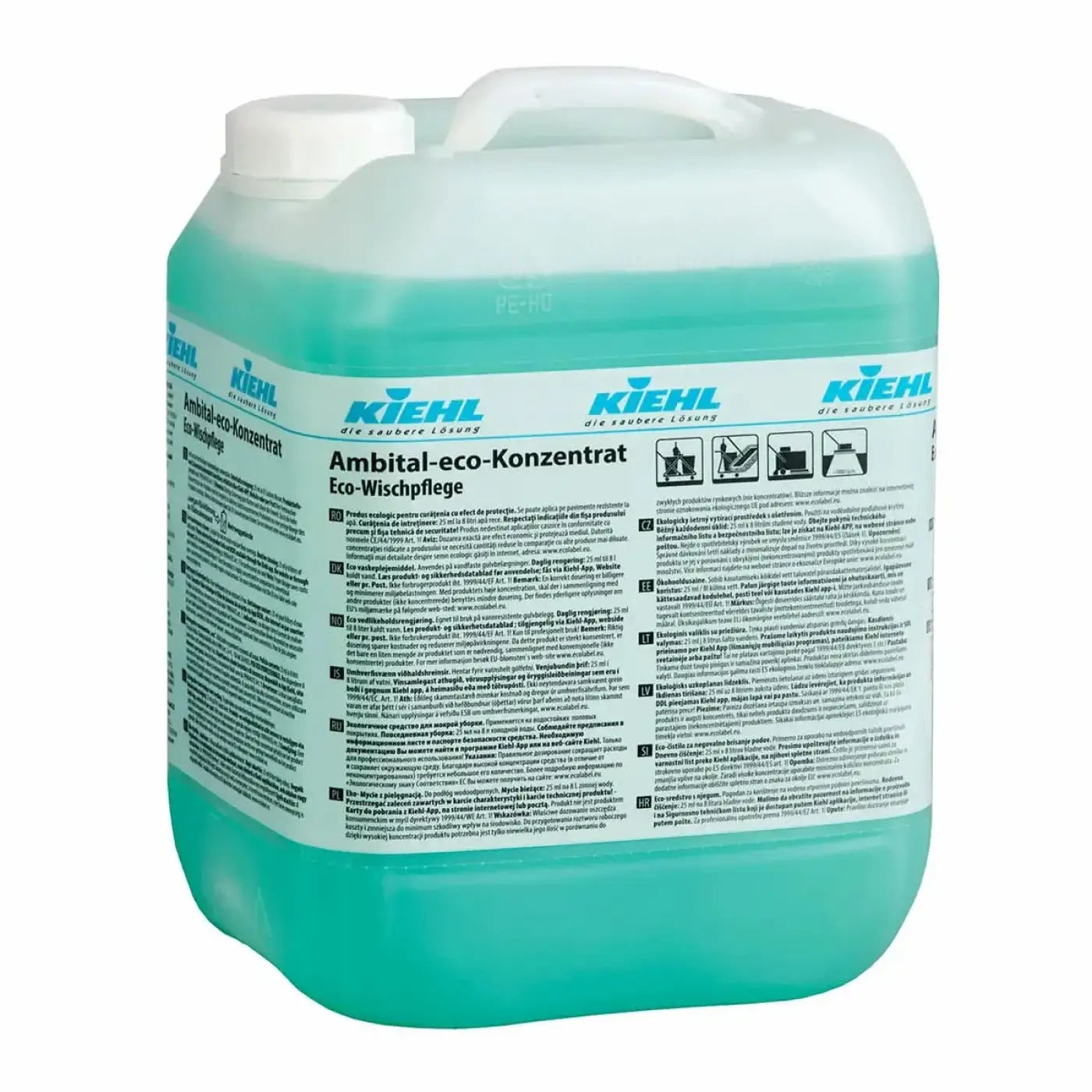 Teal farbige kiehl ambital-eco-konzentrat wischpflege 10l flasche mit weißem deckel und bedrucktem etikett
