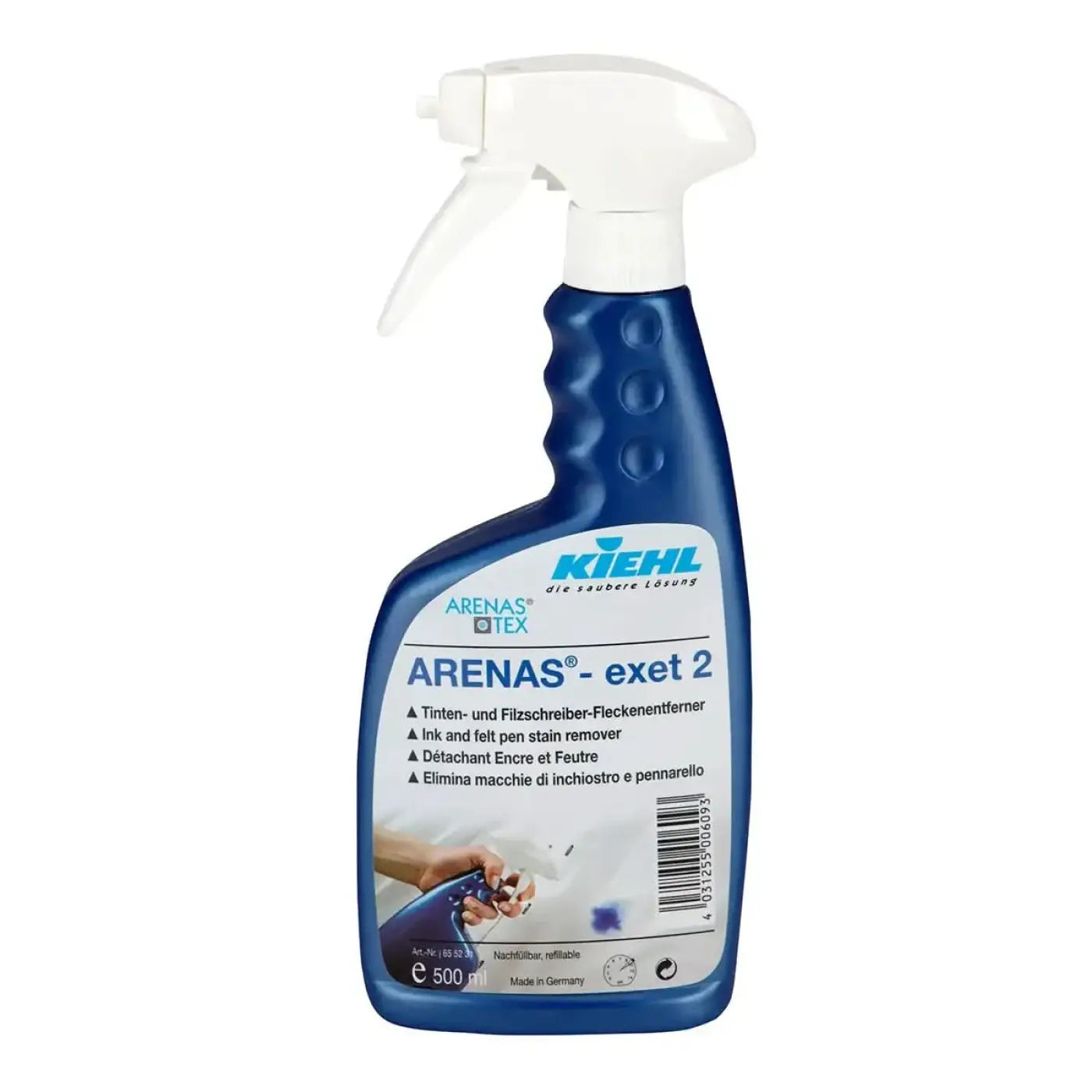 Blauer kunststoff-sprühflasche kiehl arenas exet 2 tinten- und filzstiftentferner mit weißem abzug 500ml