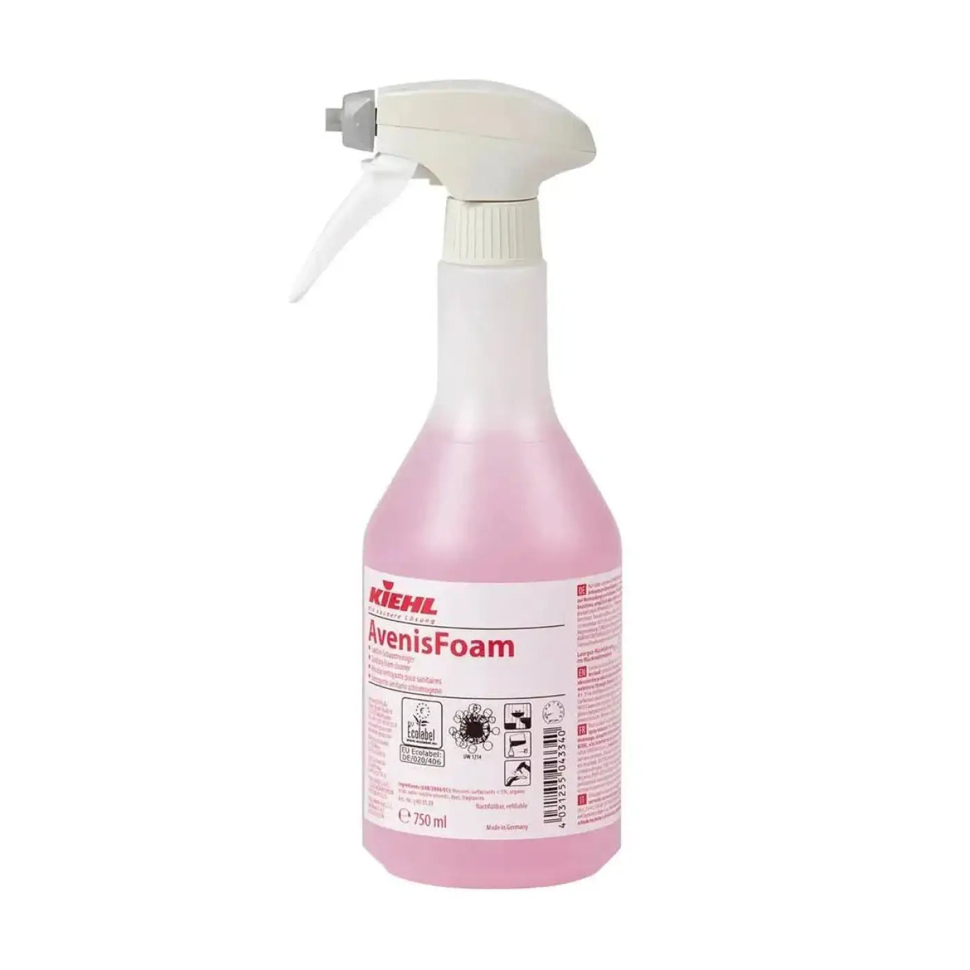Eine rosa flüssigkeitsfüllte sprühflasche mit weißer abzugdüse und kiehl’s avenisfoam etikett für sanitär-schaumreiniger 750ml
