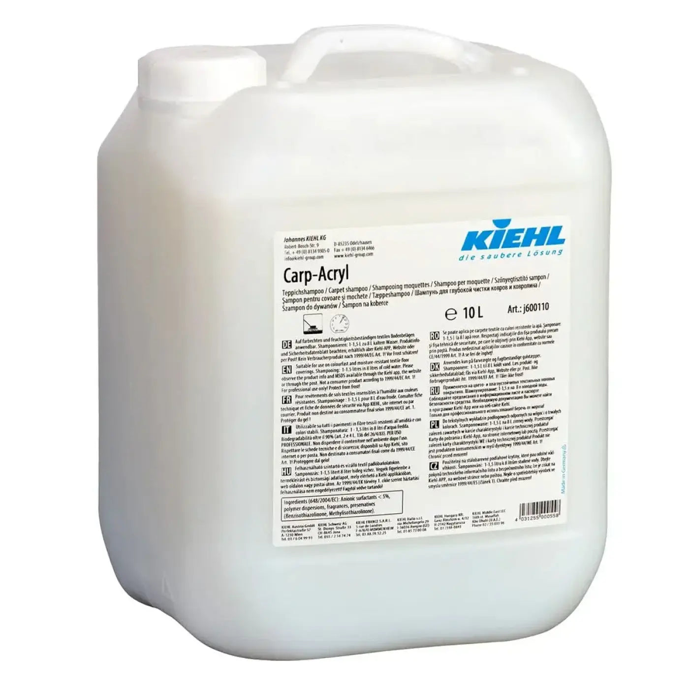 Weißer kunststoffbehälter mit blauem und schwarzem kiehl’s carp-acryl teppichshampoo etikett 10 liter volumen