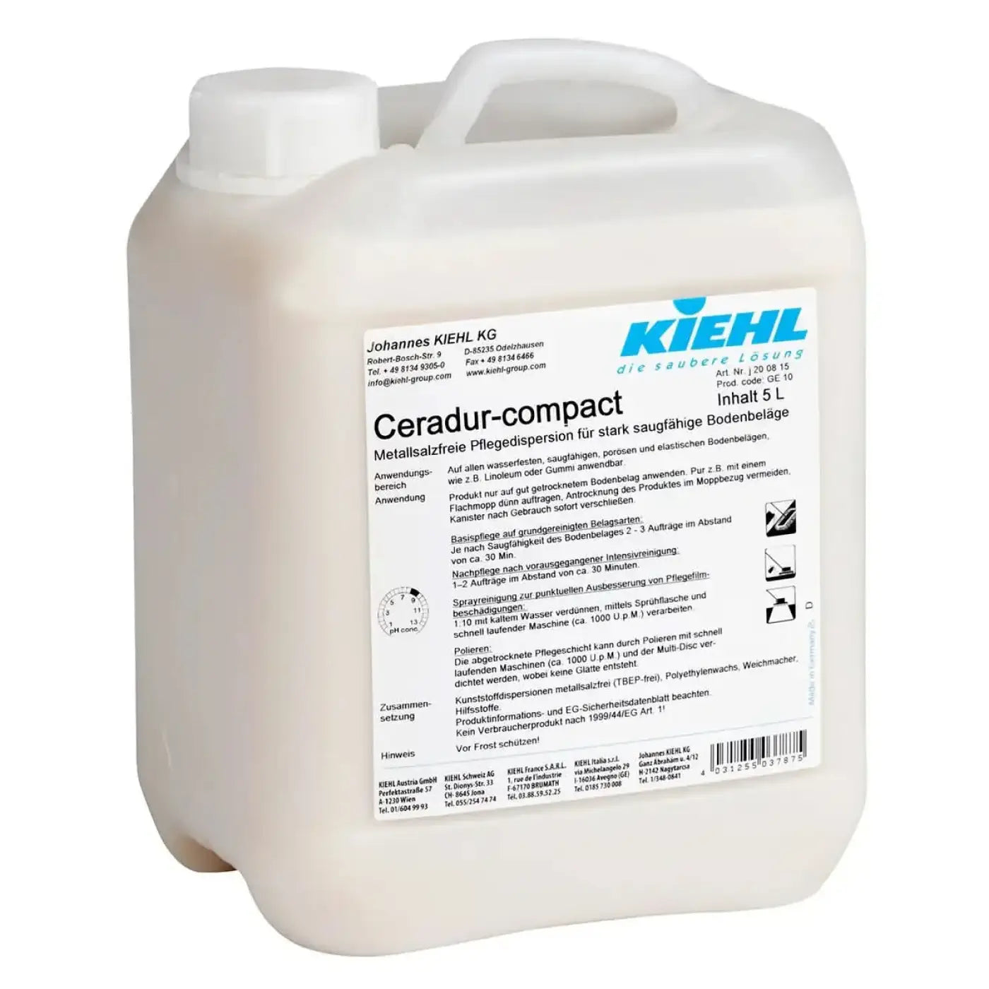 Weißer kunststoffkanister mit griff und zwei verschlüssen labeled ceradur-compact von kiehl in 5l volumen