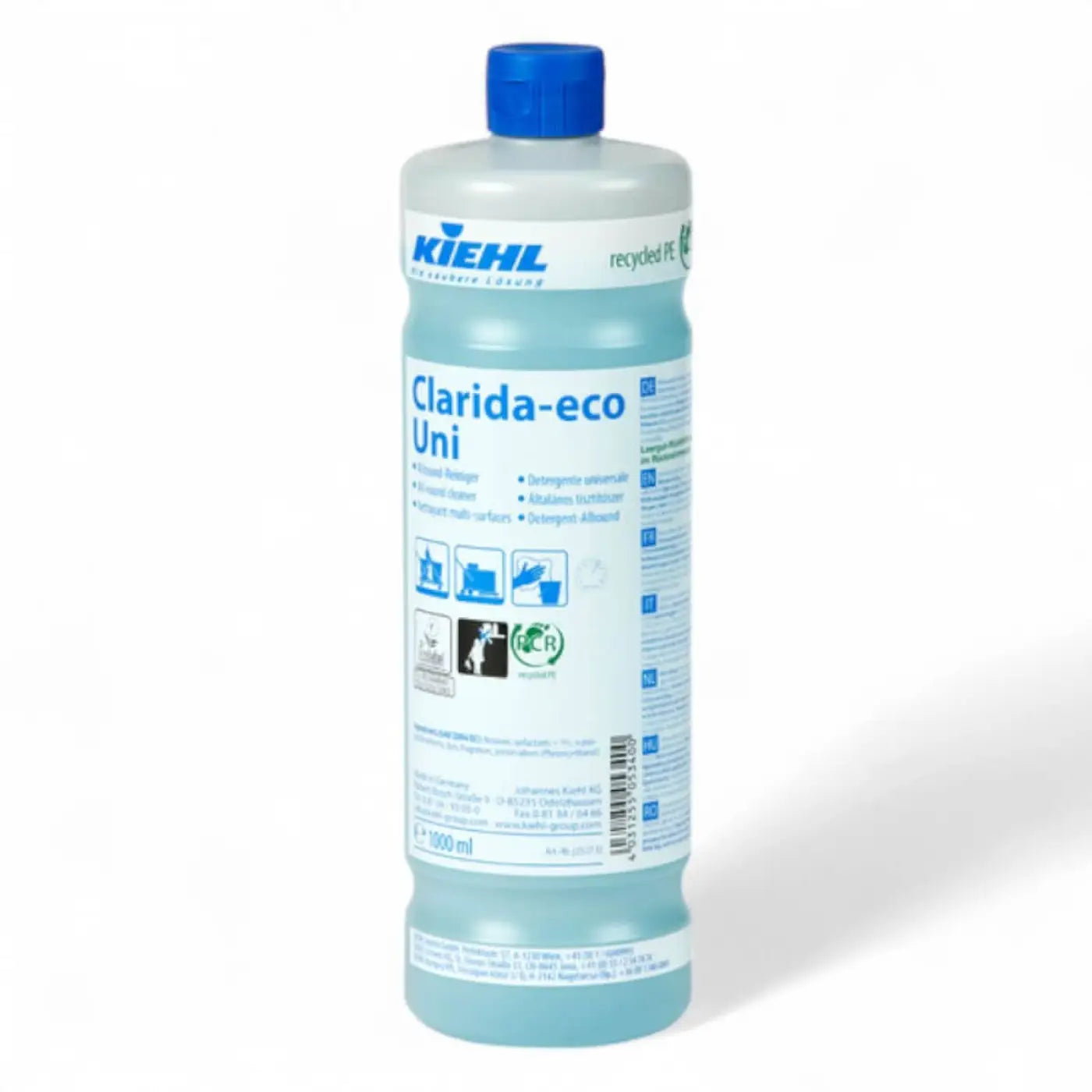 Eine durchscheinende hellblaue plastikflasche mit blauem verschluss, kiehl clarida-eco uni reiniger 1000 ml