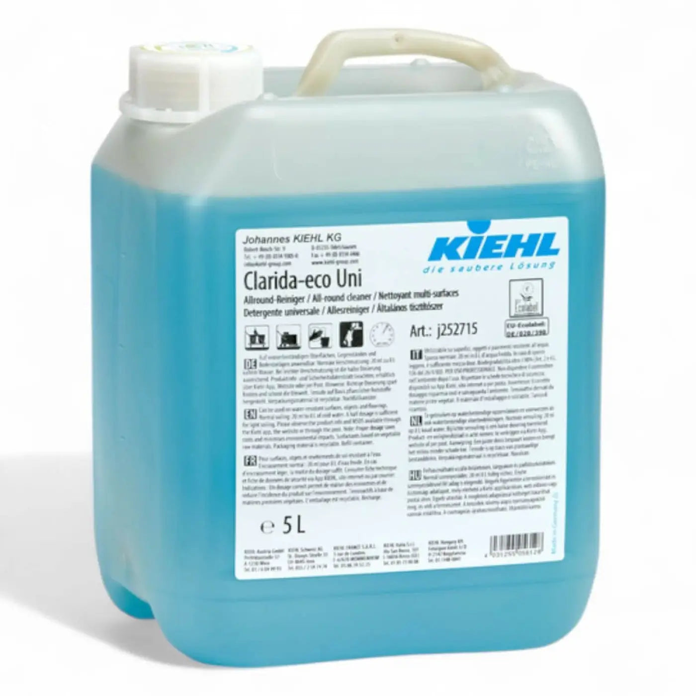 Transluzente hellblaue 5-liter plastikkanne mit weißem schraubverschluss und kiehl clarda-eco uni etikett