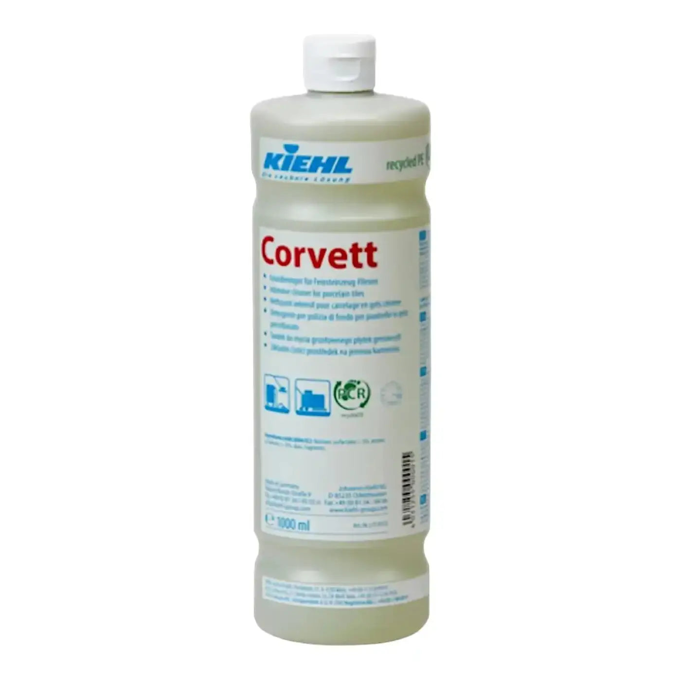 Eine transluzente, blassgrüne 1000 ml flasche kiehl corvett grundreiniger mit weißem klappdeckel und blauer markierung