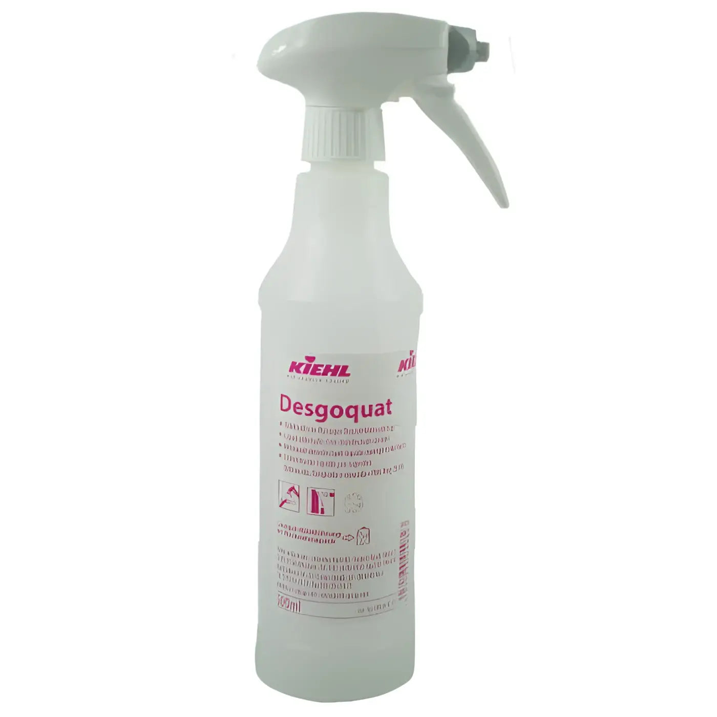 Weiße kunststoff-sprühflasche kiehl desgoquat 500ml mit weißem sprühkopf und rotem markenlogo