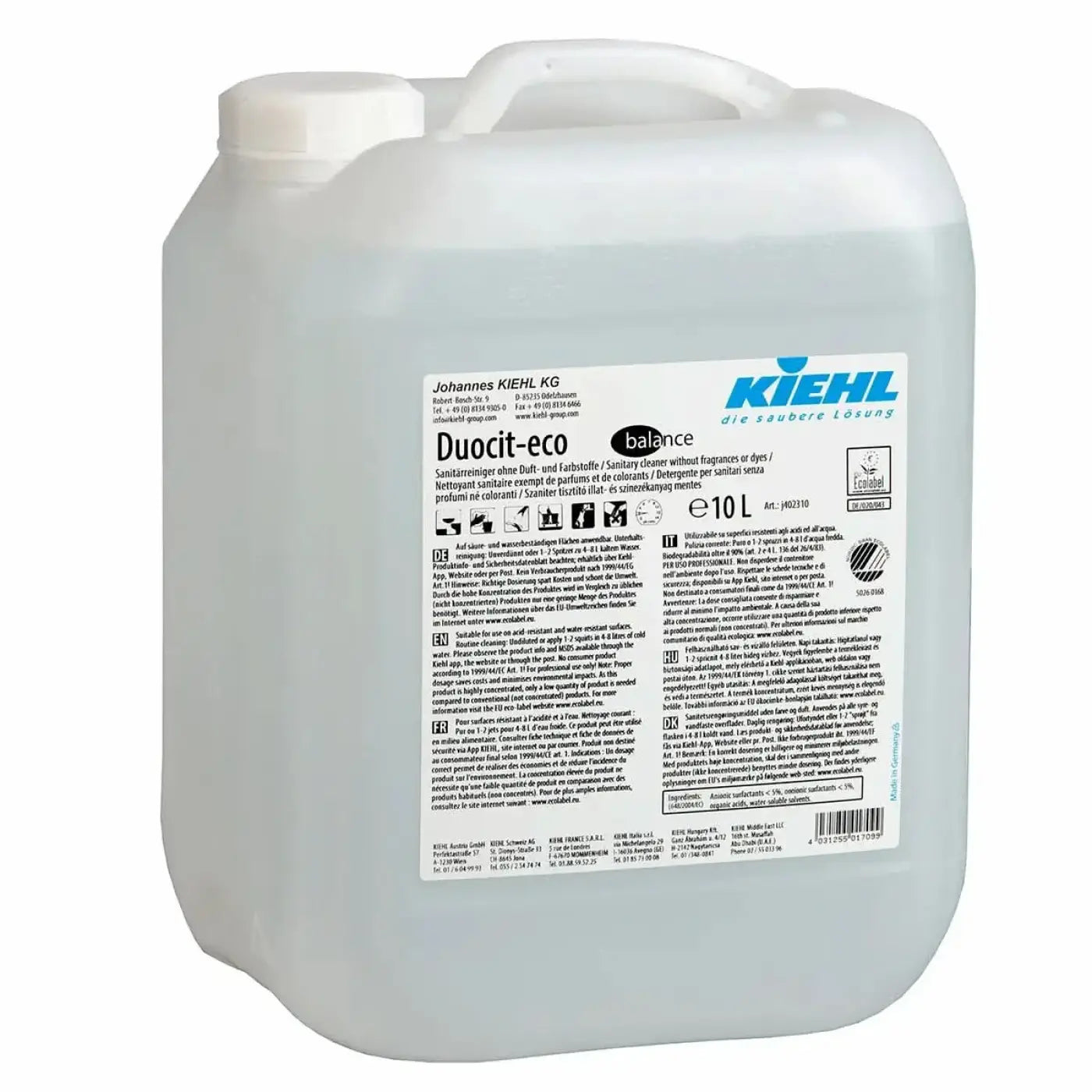 Weißer kunststoffkanister kiehl duocit-eco balance sanitärreiniger 10l von johannes kiehl kg