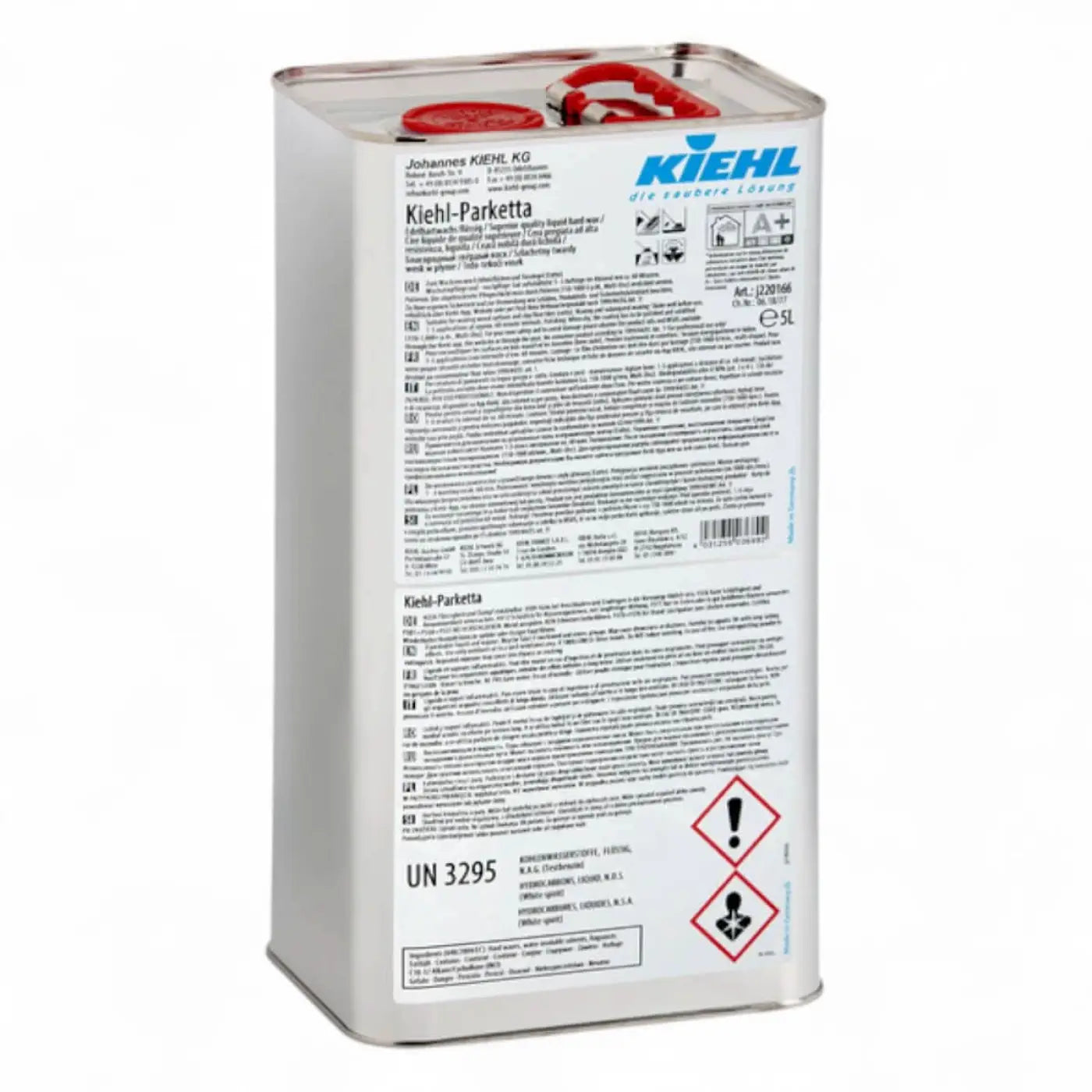 A white metal can with a red cap labeled kiehl parketta by johannes kiehl kg containing 5l edelhartwachs