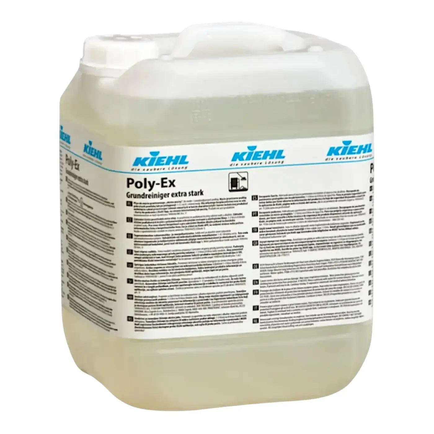 Ein transparenter kunststoffkanister mit pale gelber flüssigkeit und aufdruck kiehl poly-ex grundreiniger extra stark 10l