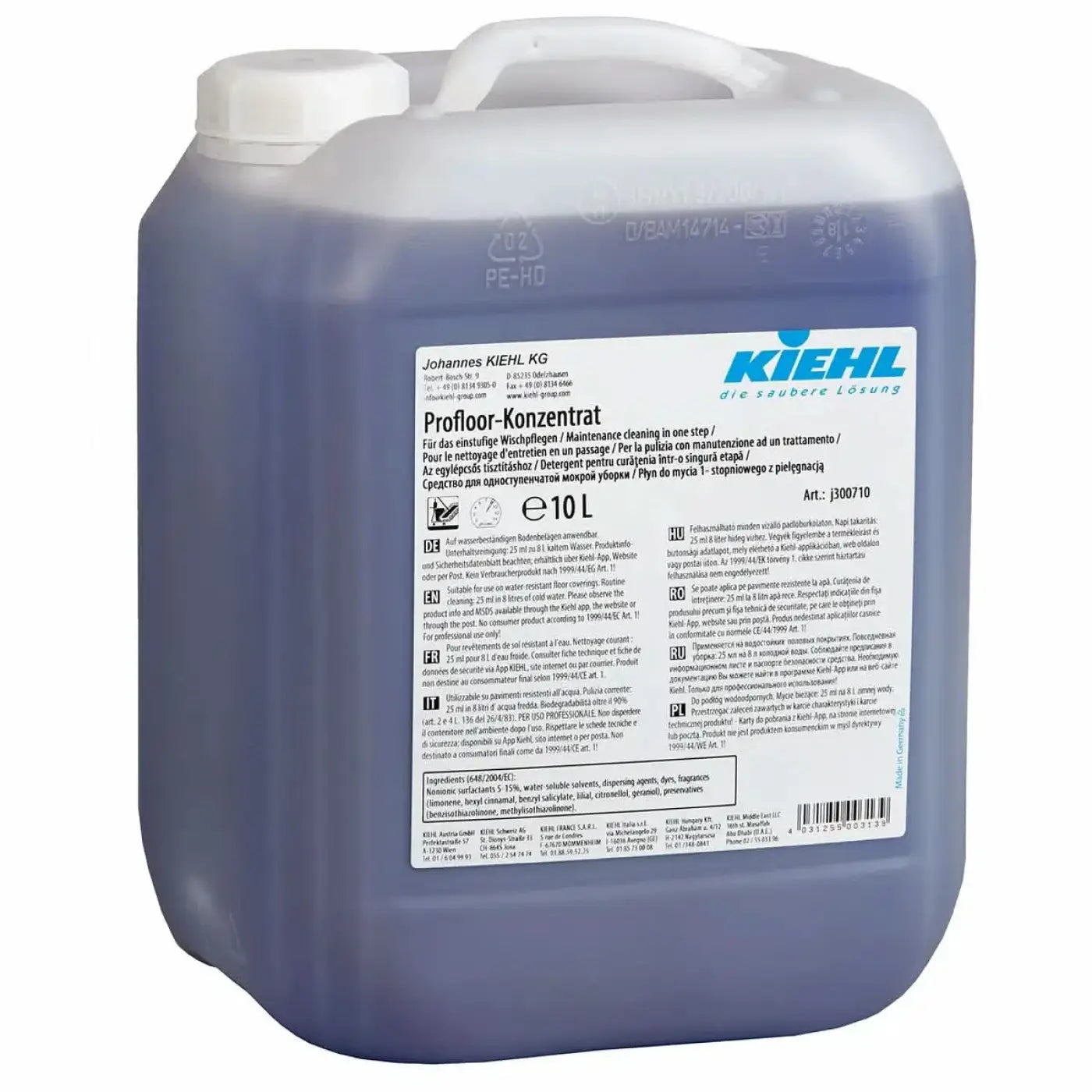 A translucent gray plastic jug with white cap labeled johannes kiehl kg containing 10 liters of kiehl profloor-konzentrat cleaning solution