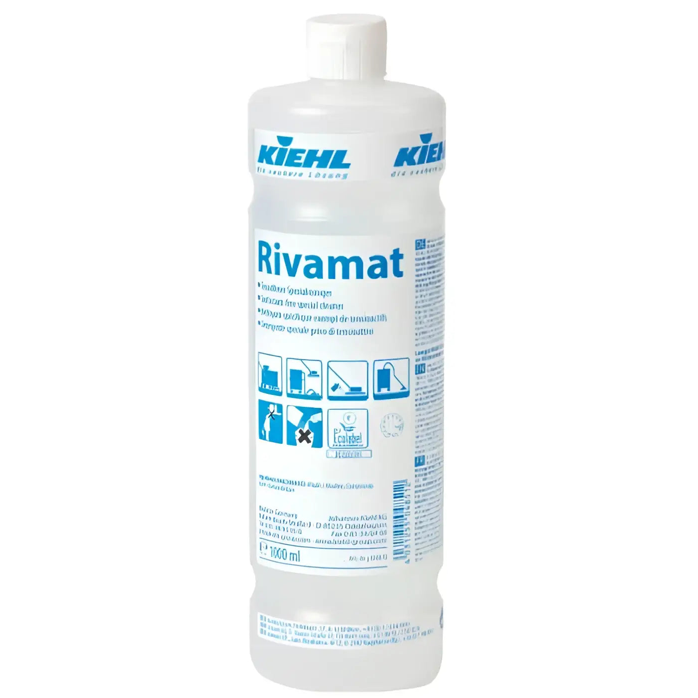 Klare plastikflasche mit weißem verschluss und blauem etikett der marke kiehl rivamat tensidfreier automatenreiniger 1l