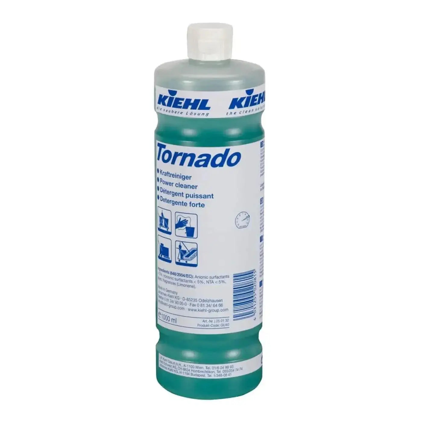 Eine transluzente türkis-grüne 1l flasche kiehl tornado kraftreiniger mit weißem deckel und mehrsprachigem etikett