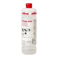 Klare kunststoffflasche mit rotem verschluss und weißem etikett der kiehl vinox-eco kalkentferner und fettentferner 1l