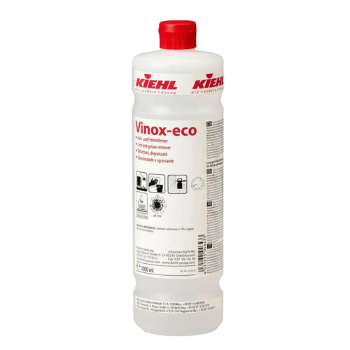 Klare kunststoffflasche mit rotem verschluss und weißem etikett der kiehl vinox-eco kalkentferner und fettentferner 1l