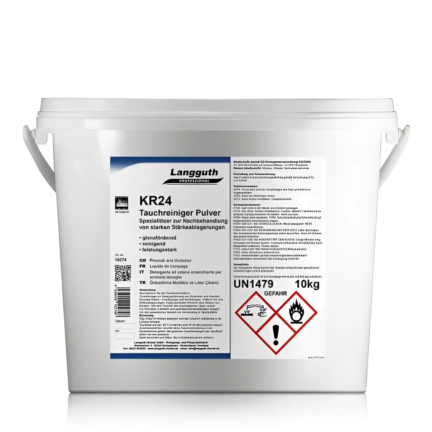 Weißer kunststoffeimer mit griffen und label langguth professional kr24 tauchreiniger pulver 10 kg
