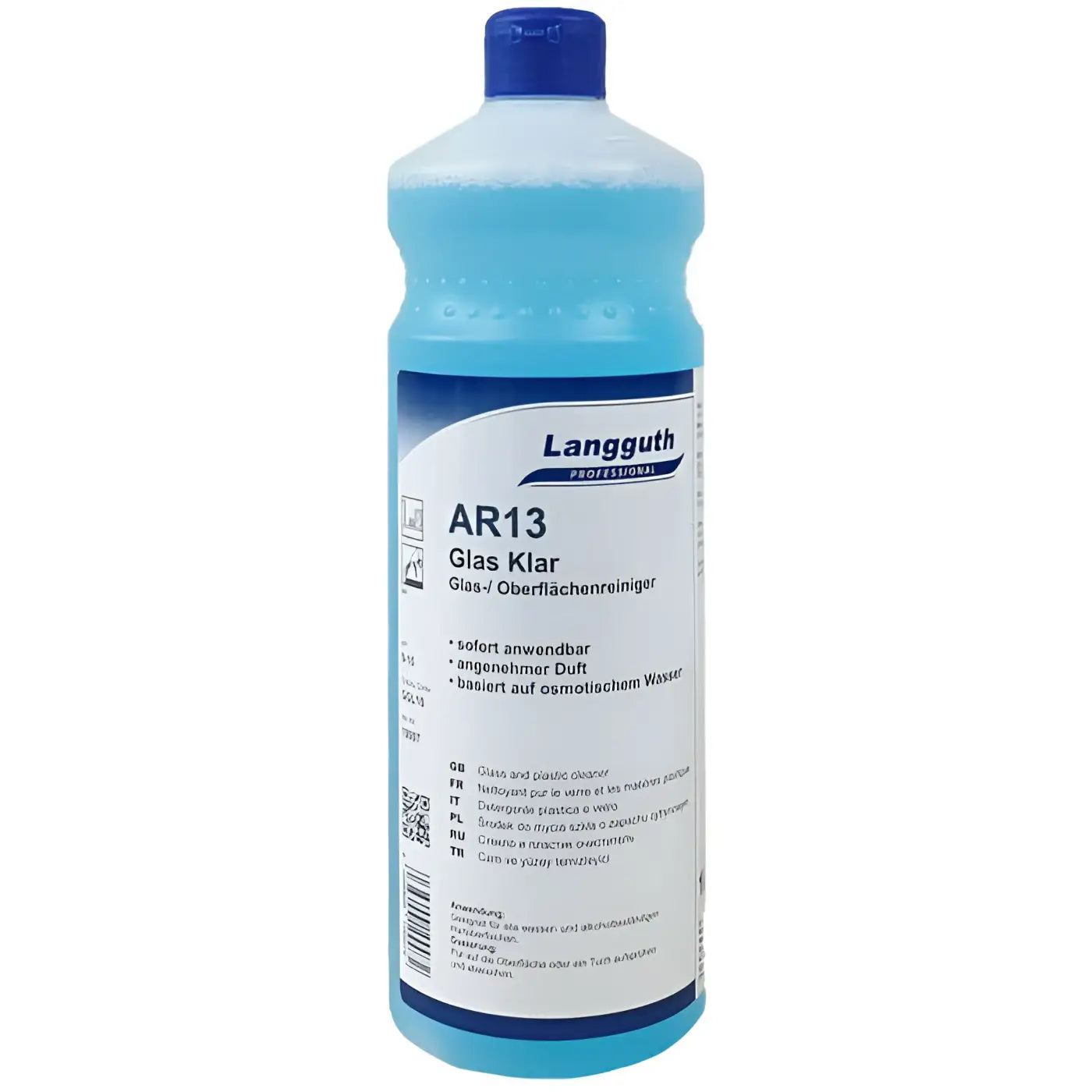 Ein transluzenter blauer kunststoffflasche mit passendem verschluss etikettiert langguth ar13 glas und plastikreiniger gebrauchsfertig 1l