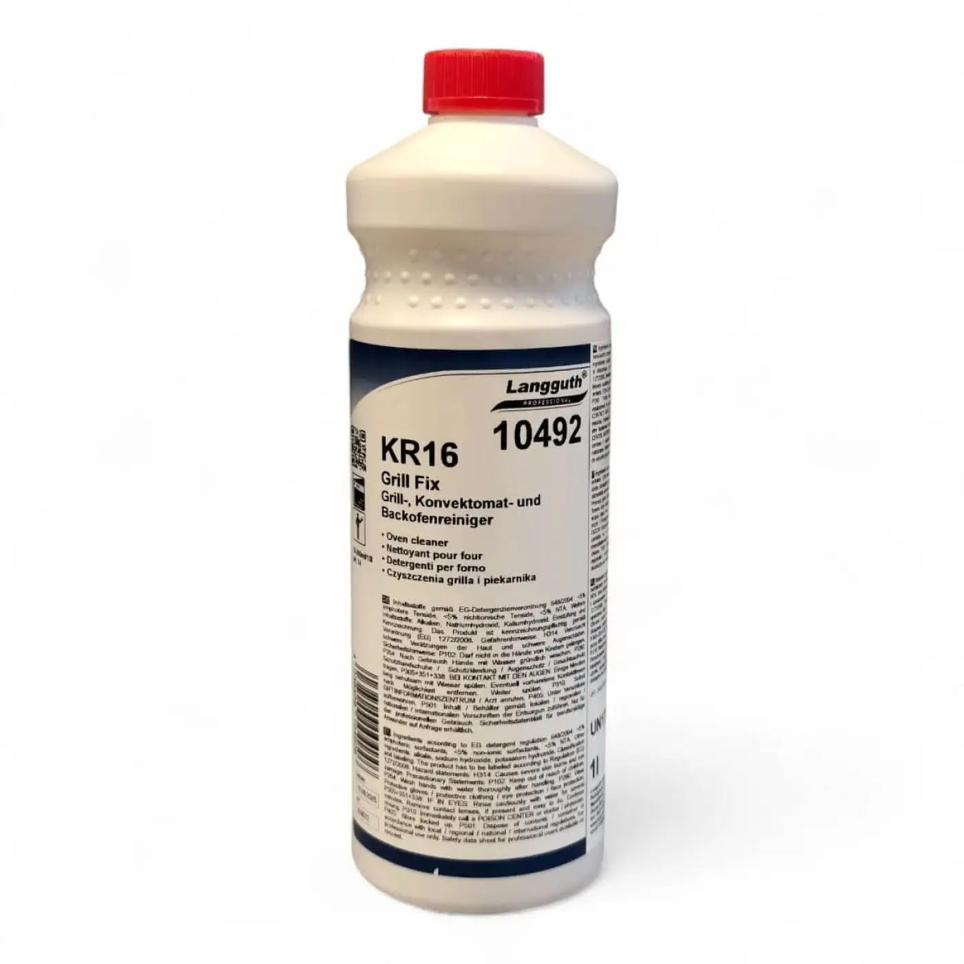 Weiße plastikflasche mit rotem deckel und blauem etikett langguth kr16 10492 grill fix grillreiniger 1l