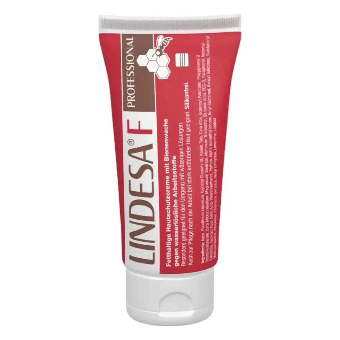 Roter und weißer lindesa f professional hautschutzcreme tube 100ml mit bienenlogo für handpflege