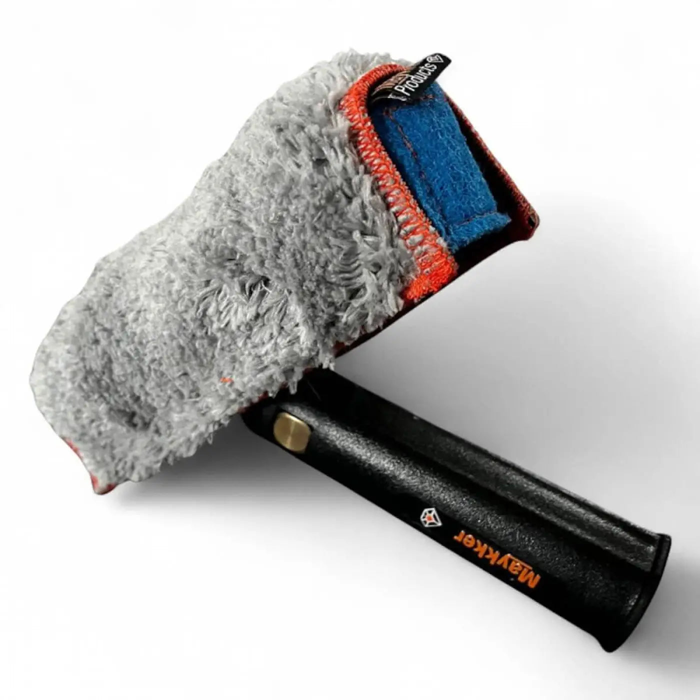 Grauer plüschhandschuh mit blauem innenfutter und oranger umrandung von meykler products im maykker einwascher komplett set python