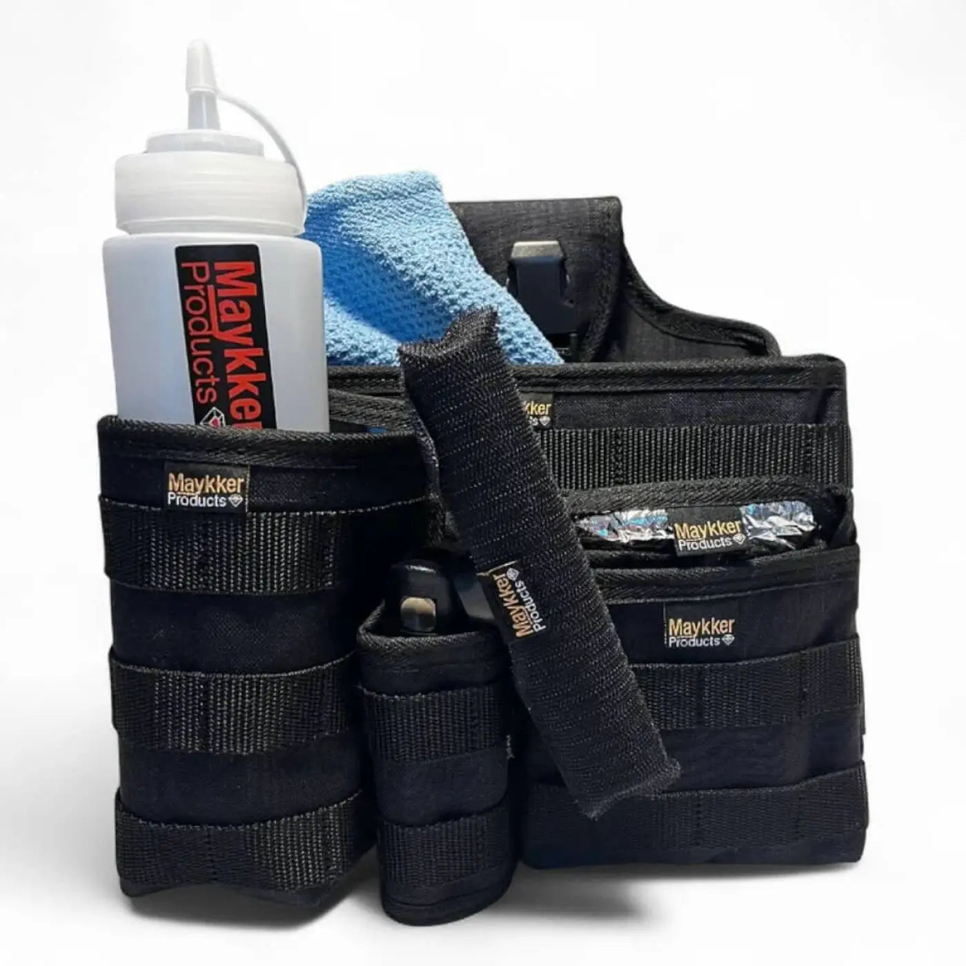 Schwarze maykker tactical advantage set tasche mit werkzeugorganizer und mehreren fächern für kleber und werkzeuge