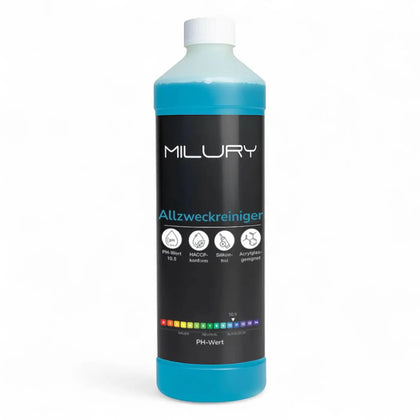 Eine durchscheinende türkisfarbene flasche mit weißem deckel und schwarzem label enthält milury allzweckreiniger konzentrat 1 liter