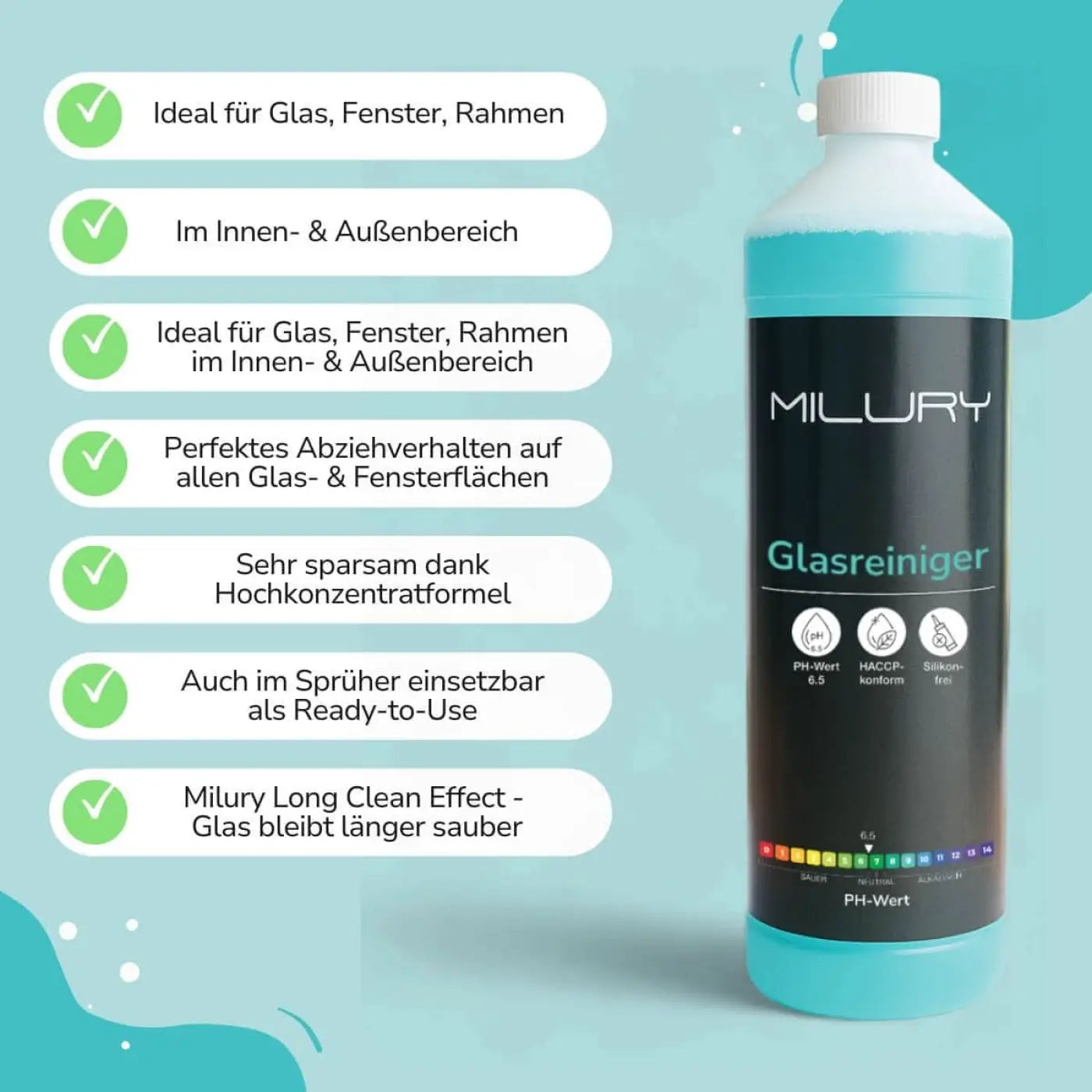 Milury glasreiniger konzentrat 1 liter in durchscheinender türkisflasche mit weißem verschluss und schwarzem etikett