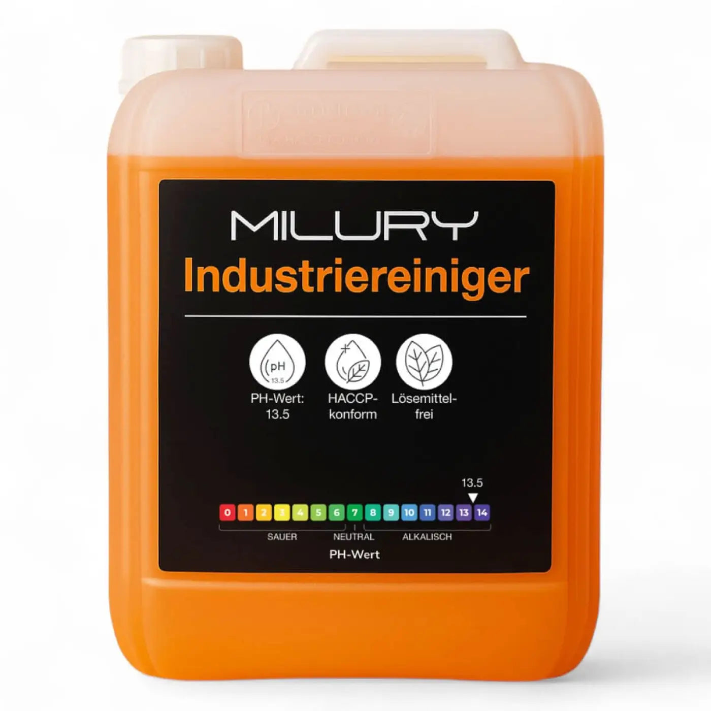 Orange kunststoffkanister mit milury industriereiniger ph 135 starke alkalische reinigung 5 liter haccp zertifiziert