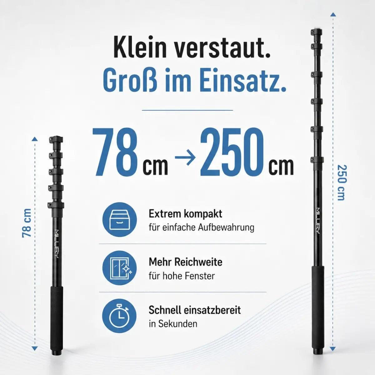 MILURY NANO Teleskopstange 78cm-250cm für die Glasreinigung