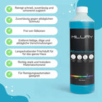 Eine transparente blaue flasche mit weißem verschluss und schwarzem etikett milury allzweckreiniger im milury power trio reinigungsset
