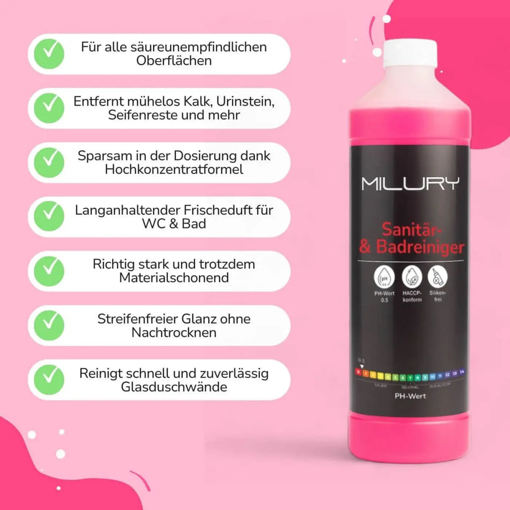 Rosa flasche milury sanitär- und badreiniger mit schwarzem etiket und weißem deckel im milury power trio reinigungsset