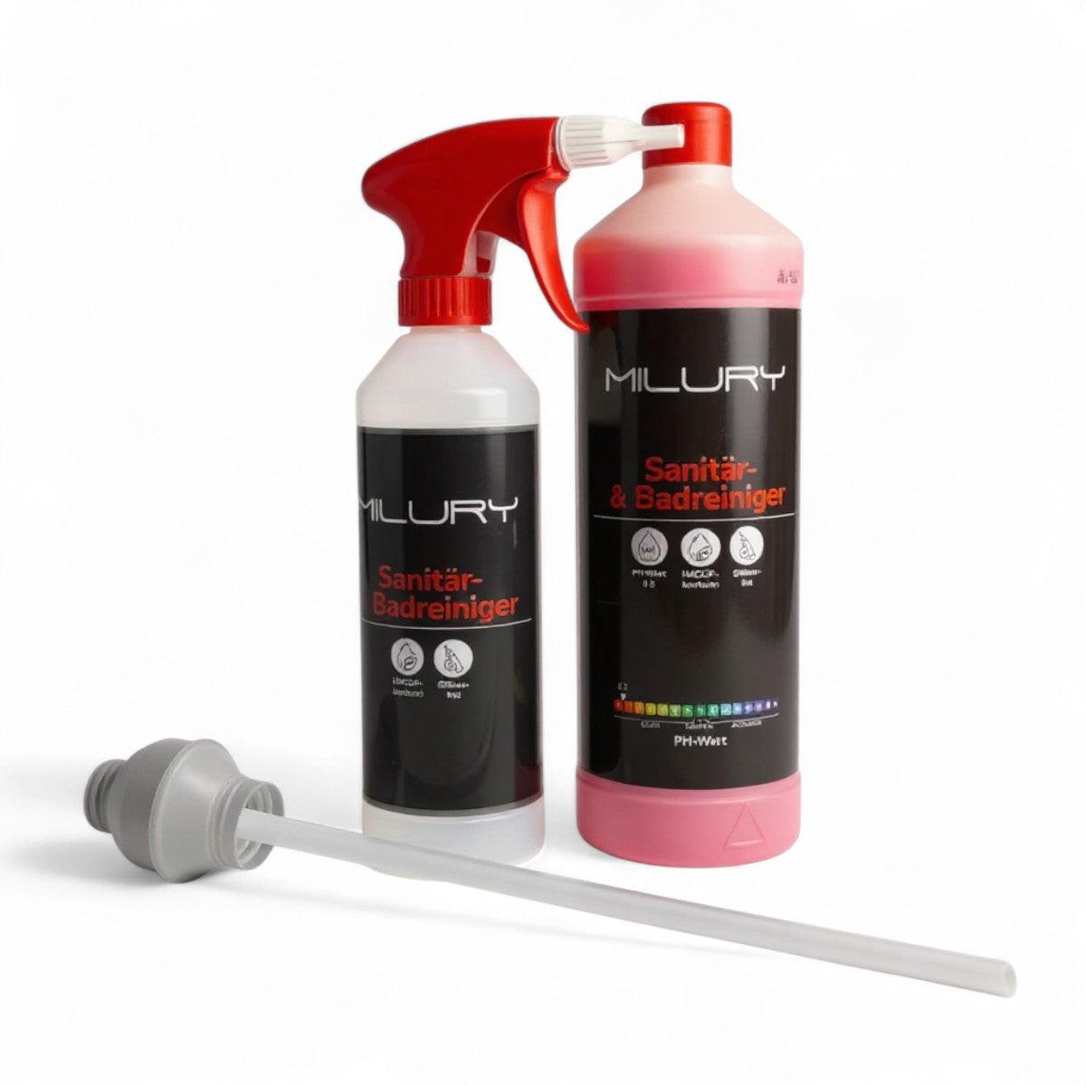 MILURY Sanitaer & Badreiniger Flasche, leere Sprühflasche und DOsierkappe
