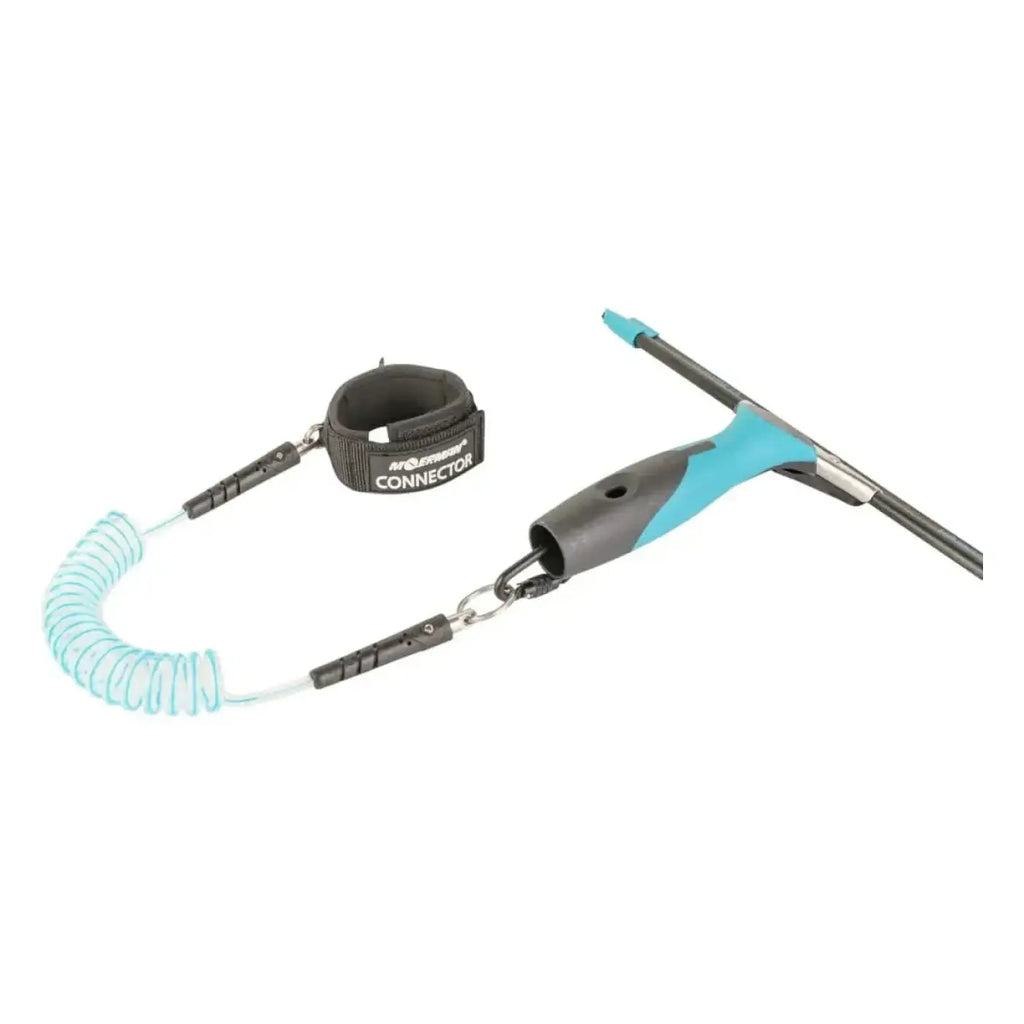 Moerman connector werkzeugsicherung blau schwarzes spiralförmiges surf-leash mit robustem gummifußband