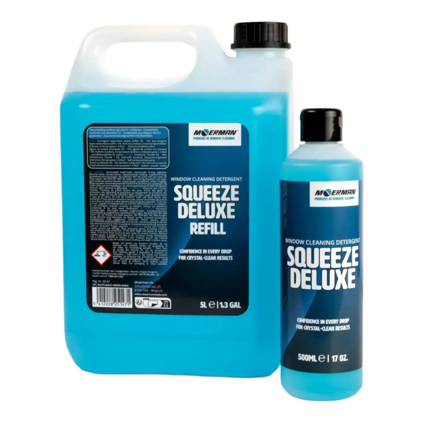Zwei flaschen m-cerman squeeze deluxe glasreiniger mit blauem fensterreinigungsmittel, 5 liter nachfüllkanister und 500 ml flasche