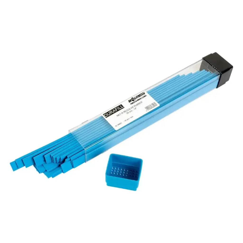 Moerman standard nxt-r wischergummi 20er box mit blauen durafill gummisticks in transparenter dose und blauer aufbewahrungsschale